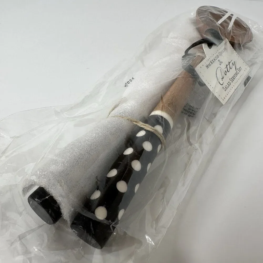 MacKenzie Childs Dotty Salad Serving Set Wood With‎ Black White Polka Dot Handle